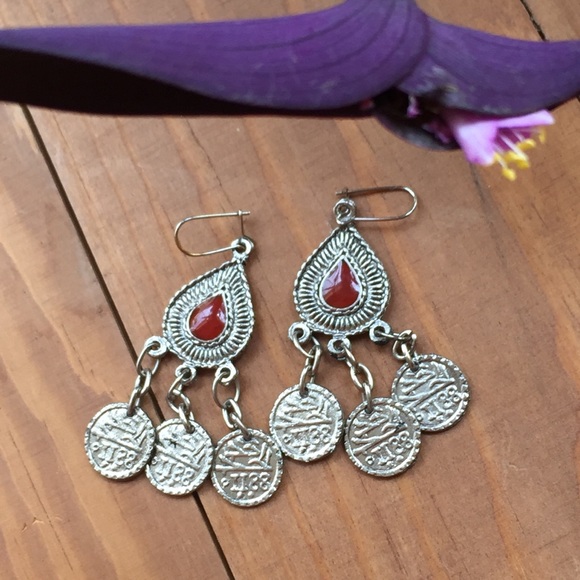 New Chandelier Drop Boho Earrings Red Silver Tone - Picture 2 of 4